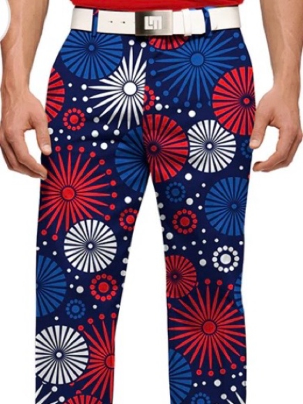 Loudmouth Golf Men's Navy Blue Firework-Print Chinos, size 32 x 33 L